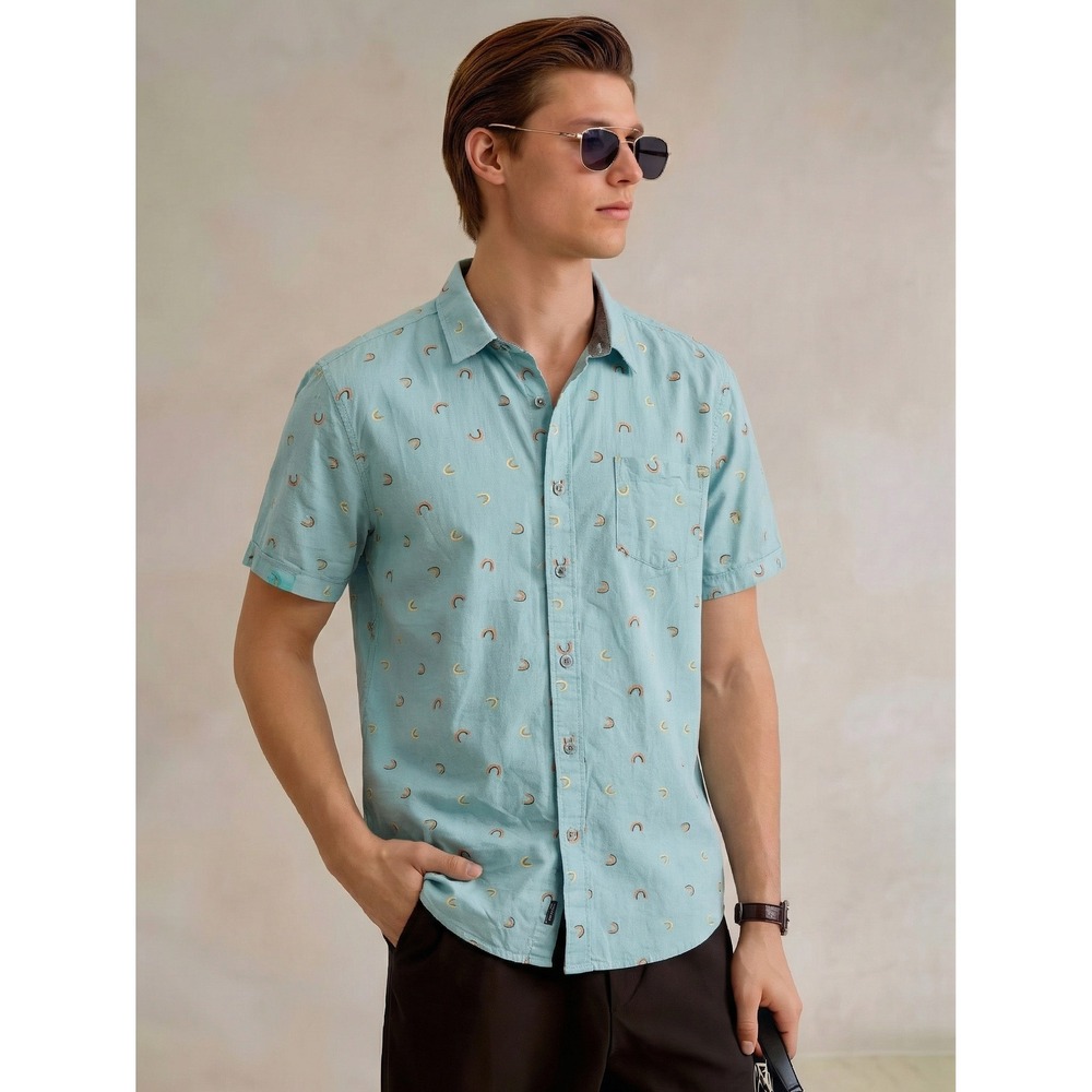 Unionbay Mens XL Light Blue Rainbow Print Short Sleeve Button Up Shirt